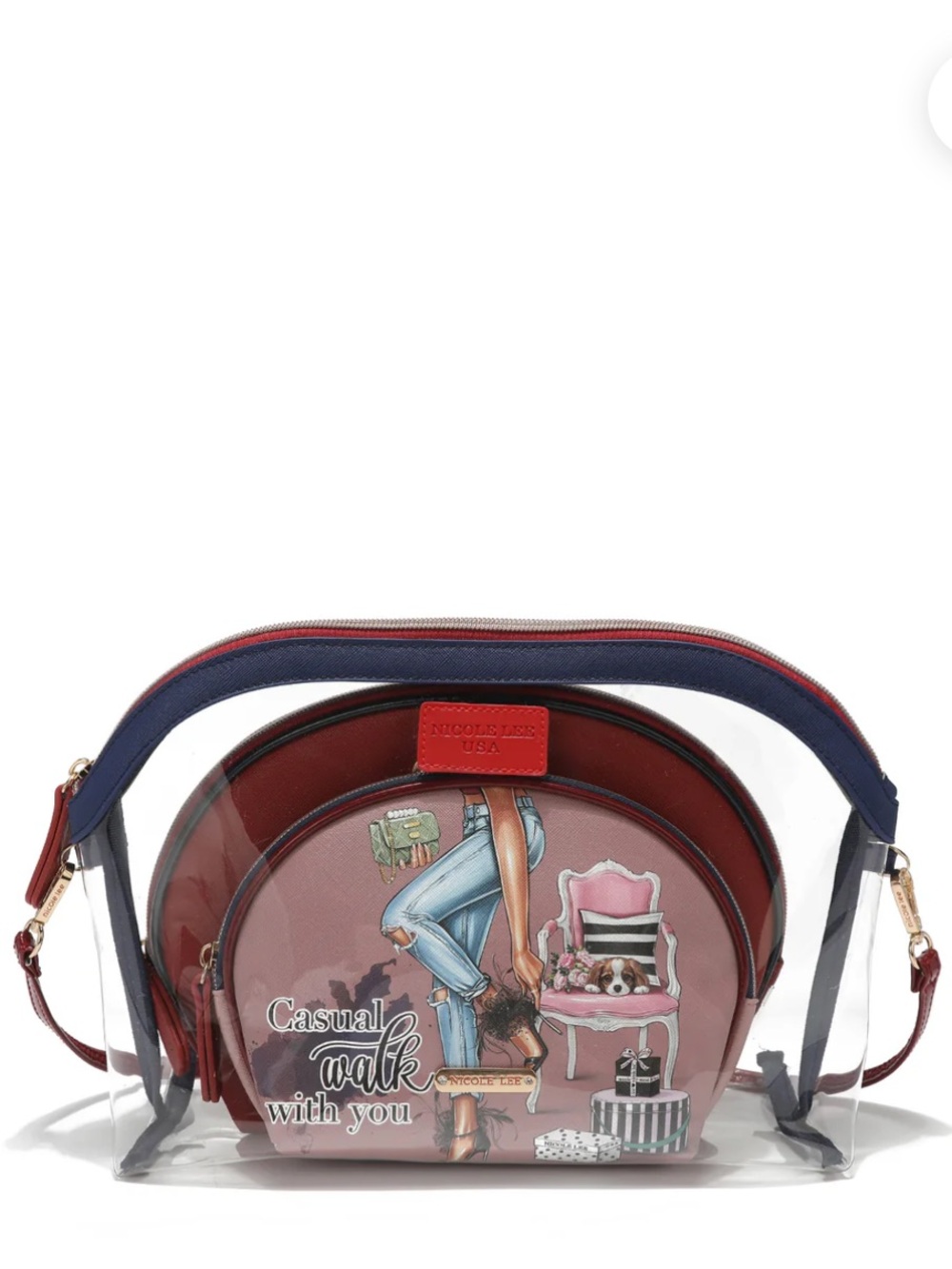 Nicole Lee Clear 3-Piece Bandit Bag Set - Burgundy & Navy Trim